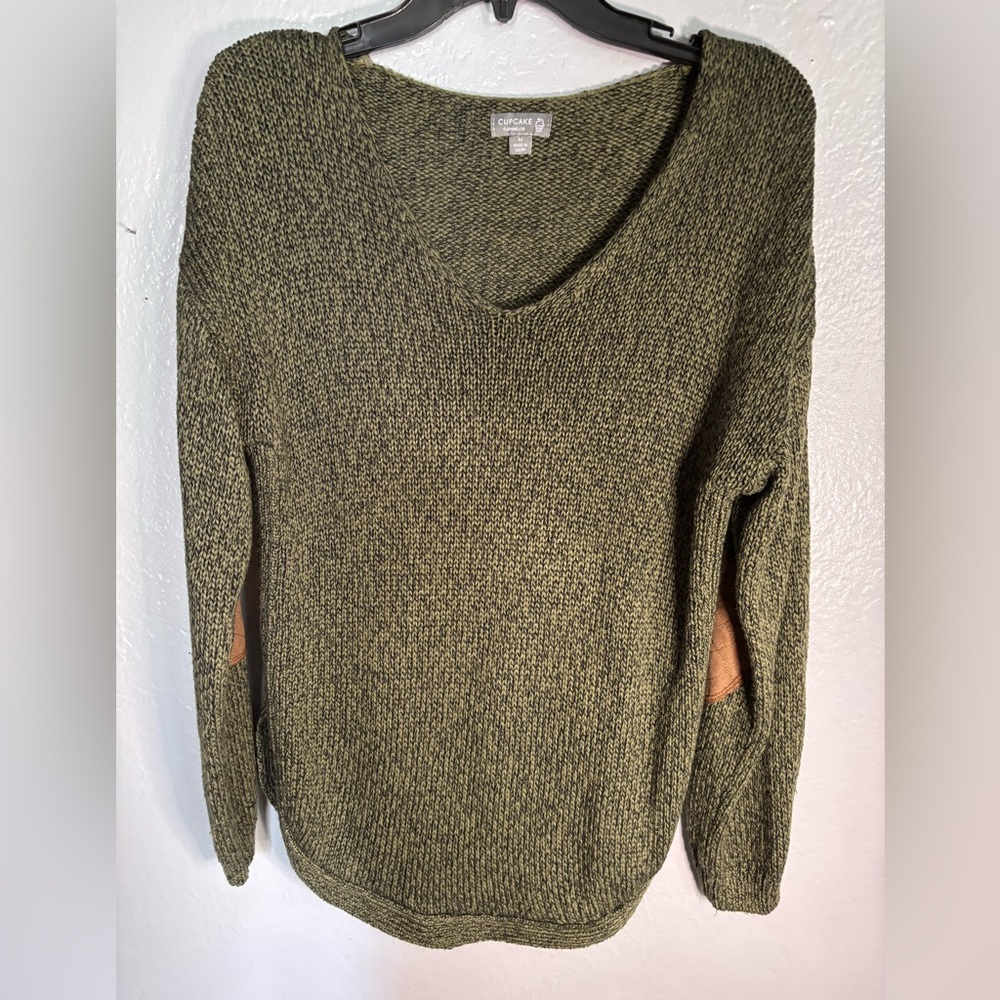 Cupcake Women's V Neck Sweater Patch‎ Sleeve Acrylic Pullover Army Green Medium
